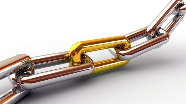 Cadeia cromada com um link dourado no fundo branco
 - Foto, Imagem