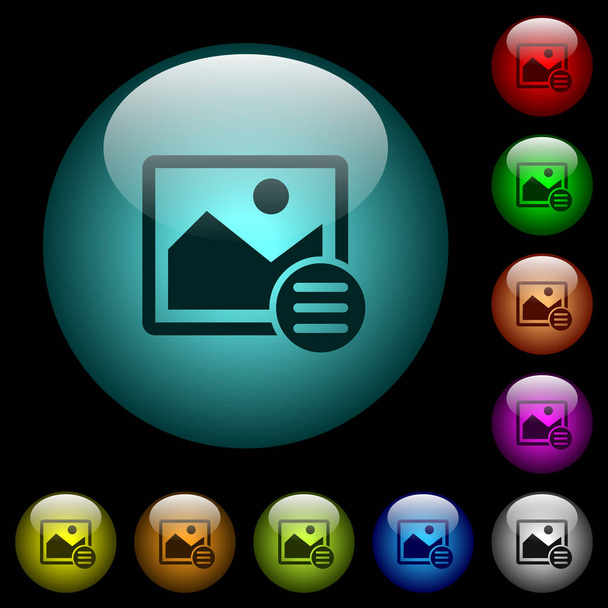 Image options icons in color illuminated spherical glass buttons on black background. Can be used to black or dark templates - Vector, Image