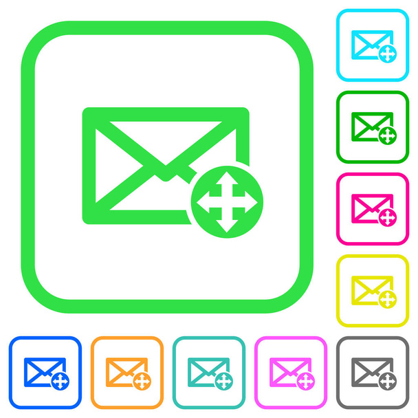 E-Mail bewegen lebendige farbige flache Symbole in geschwungenen Rändern auf weißem Hintergrund - Vektor, Bild