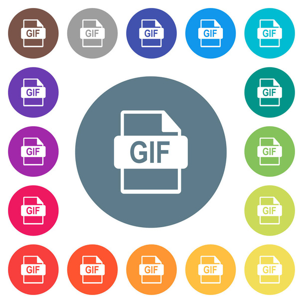 gif-Dateiformat flache weiße Symbole auf runden farbigen Hintergründen. 17 Farbvarianten im Hintergrund sind enthalten. - Vektor, Bild