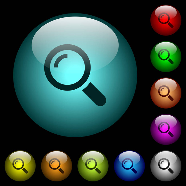 Single magnifier icons in color illuminated spherical glass buttons on black background. Can be used to black or dark templates - Vector, Image