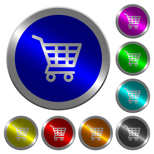 Shopping cart icons on round luminous coin-like color steel buttons - Vector, Image
