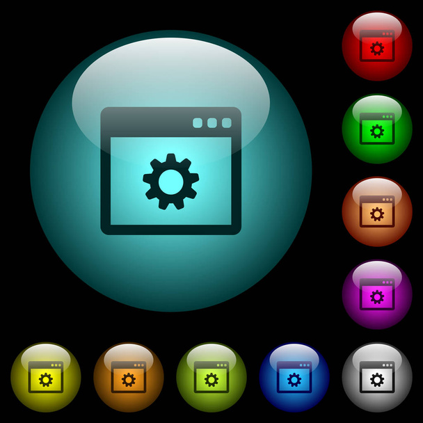 Impostazioni dell'applicazione icone a colori illuminati pulsanti in vetro sferico su sfondo nero. Può essere utilizzato per modelli neri o scuri
 - Vettoriali, immagini