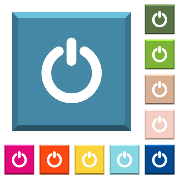 Power switch white icons on edged square buttons in various trendy colors - Vector, Imagen