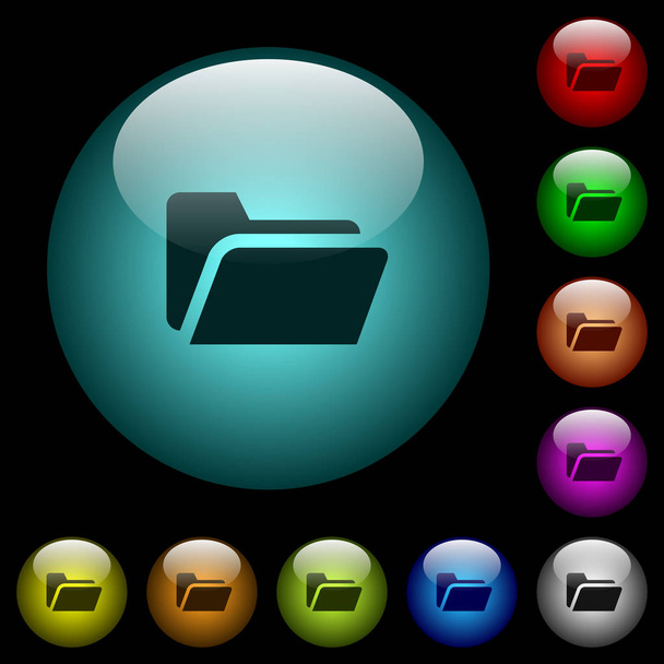 Carpeta de iconos abiertos en color iluminado botones de vidrio esférico sobre fondo negro. Se puede utilizar para plantillas negras u oscuras
 - Vector, imagen