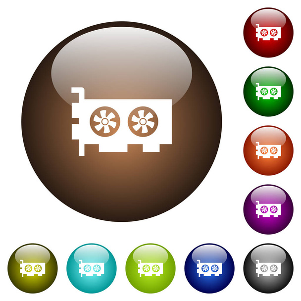 Tarjeta de vídeo de computadora iconos blancos en botones de vidrio de color redondo
 - Vector, imagen