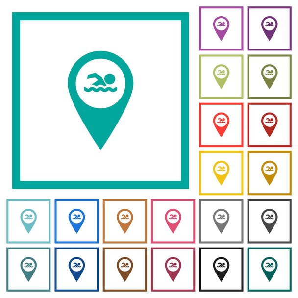 Zwembad Gps kaart location egale kleur pictogrammen met Kwadrant frames op witte achtergrond - Vector, afbeelding