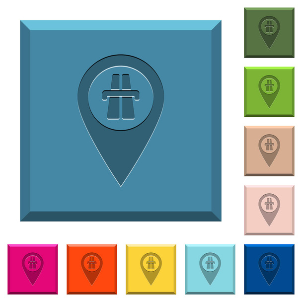Ubicación del mapa GPS de la autopista iconos grabados en botones cuadrados con bordes en varios colores de moda
 - Vector, Imagen