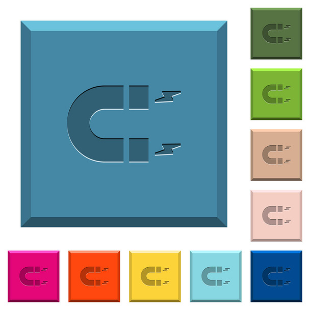 Iconos de imán de herradura grabados en botones cuadrados con bordes en varios colores de moda
 - Vector, Imagen