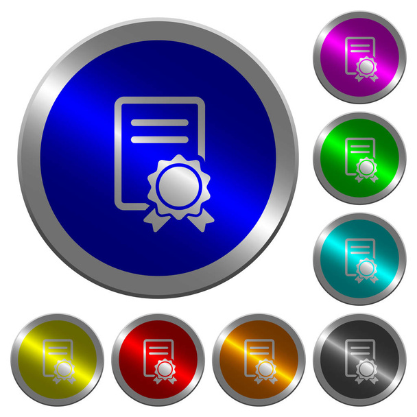 Ícones de certificado em botões de aço cor de moeda luminosa redonda
 - Vetor, Imagem