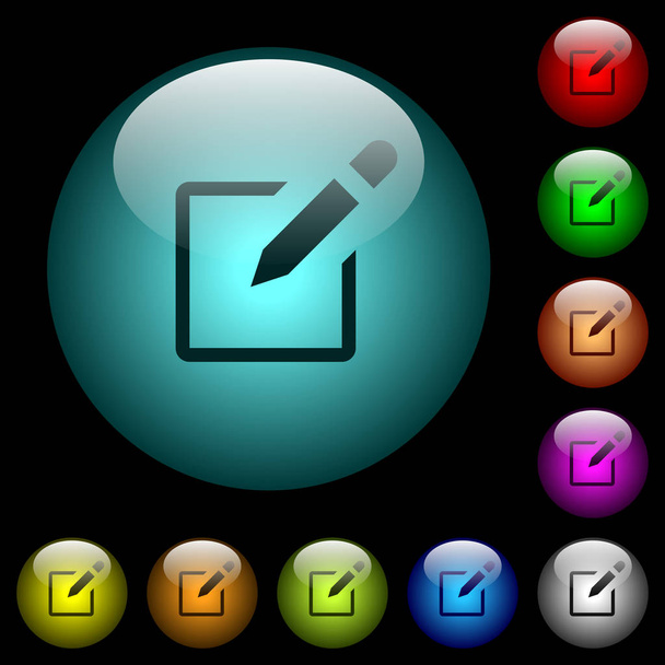 Editbox con iconos de lápiz en color iluminado botones de vidrio esférico sobre fondo negro. Se puede utilizar para plantillas negras u oscuras
 - Vector, imagen