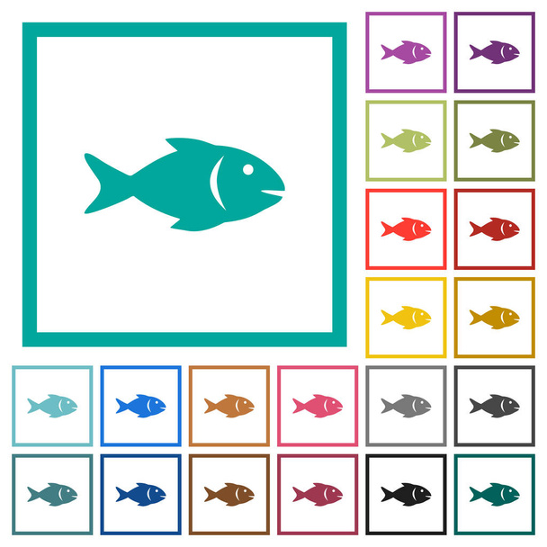 Fish flat color icons with quadrant frames on white background - Vector, Image