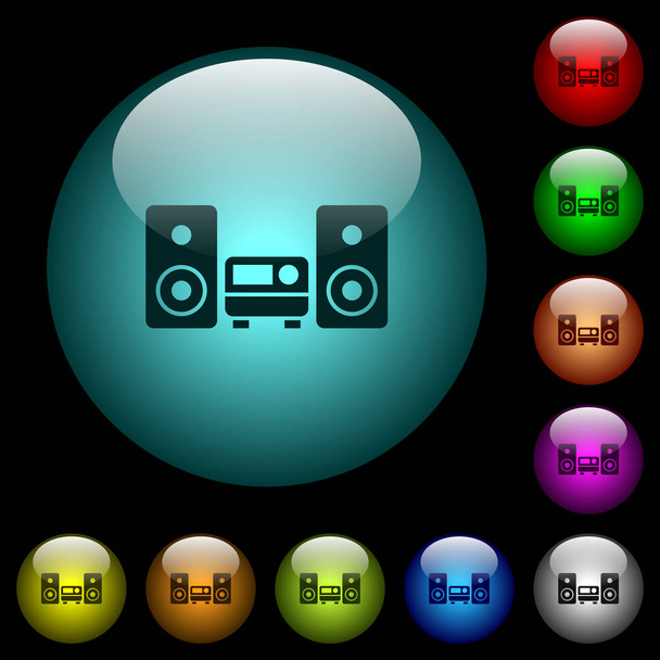 Renkli ışıklı küresel cam düğmeler siyah arka plan üzerine stereo sistemi simgeler. Siyah veya koyu şablonları için kullanılabilir - Vektör, Görsel