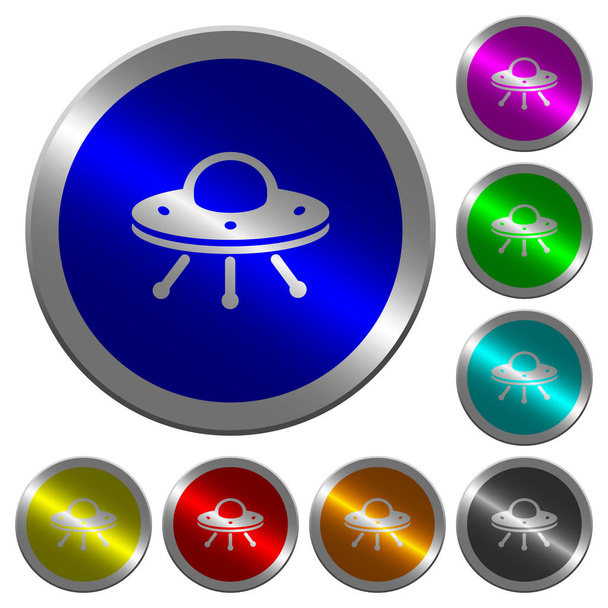 UFO icons on round luminous coin-like color steel buttons - Vector, Image