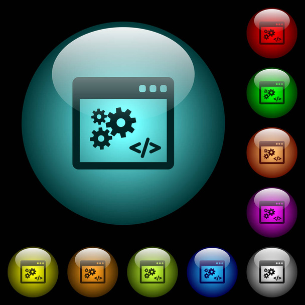 Иконки интерфейса приложения в цветной подсветке сферических стеклянных кнопок на черном фоне. Может использоваться для черных или темных шаблонов
 - Вектор,изображение