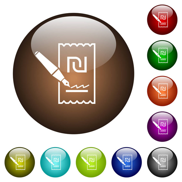 Firma de nuevos iconos de Shekel cheque blanco en botones de vidrio de color redondo
 - Vector, imagen
