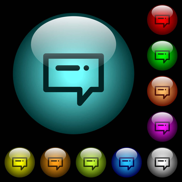 Digitar ícones de mensagens em botões de vidro esféricos iluminados a cores no fundo preto. Pode ser usado para modelos pretos ou escuros
 - Vetor, Imagem