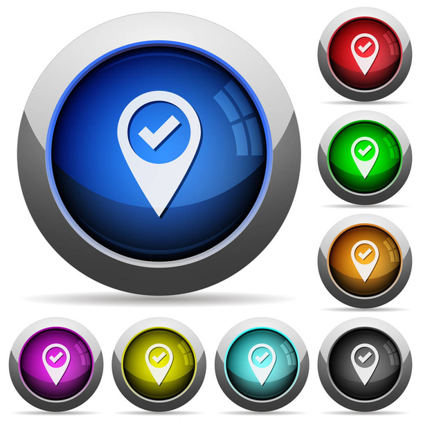 Ubicación del mapa GPS ok iconos en botones redondos brillantes con marcos de acero
 - Vector, Imagen
