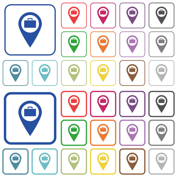 Almacenamiento de equipaje Mapa GPS ubicación color iconos planos en marcos cuadrados redondeados. Versiones finas y gruesas incluidas
. - Vector, Imagen