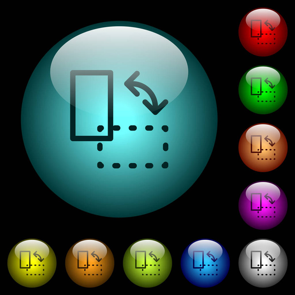 Rotate element icons in color illuminated spherical glass buttons on black background. Can be used to black or dark templates - Vector, Imagen
