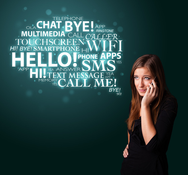 Young girl calling by phone with word cloud - Foto, immagini