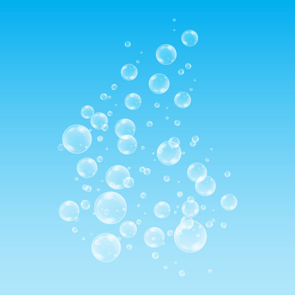 realistische Seifenblasen mit Regenbogenreflexion auf blauem Hintergrund. Vektorillustration - Vektor, Bild
