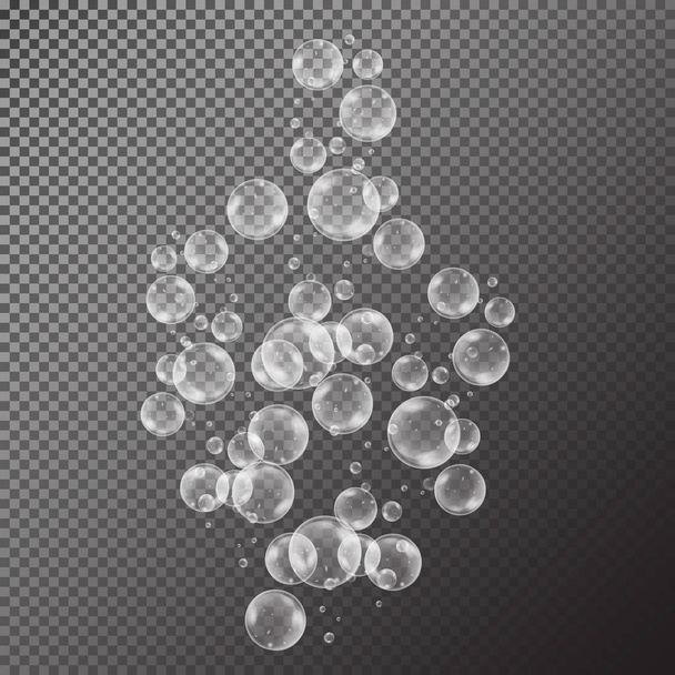 Реалистичные мыльные пузыри с радужным отражением, изолированные на черном прозрачном фоне. векторная иллюстрация
 - Вектор,изображение