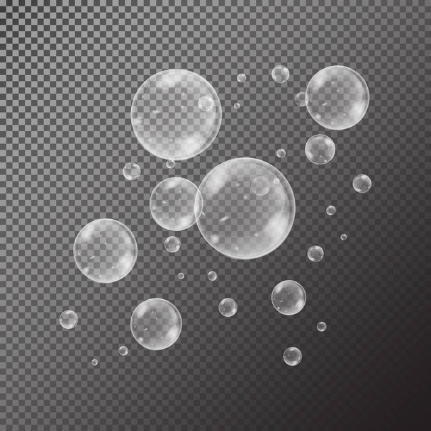 Realistic soap bubbles with rainbow reflection set isolated on the black transparent background. vector Illustration - Vektör, Görsel