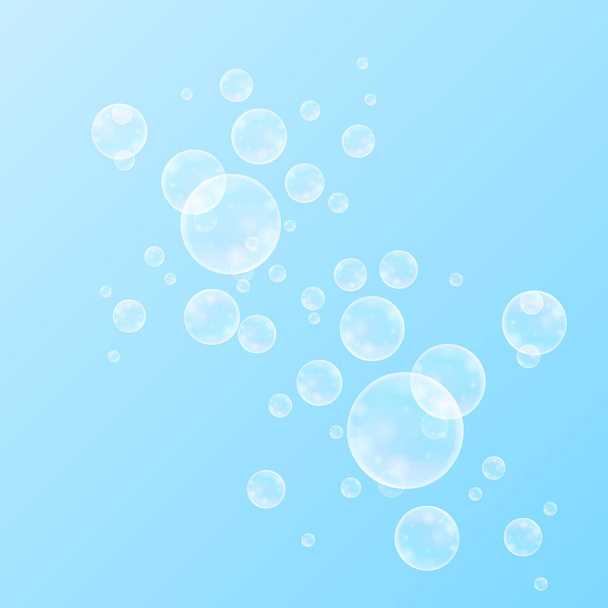 Реалістичні мильні бульбашки з набором відбиття веселки ізольовані на синьому фоні. Векторна ілюстрація
 - Вектор, зображення