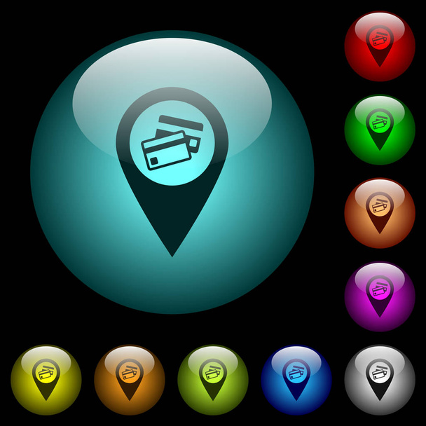 Credit card acceptance GPS map location icons in color illuminated spherical glass buttons on black background. Can be used to black or dark templates - Vector, imagen