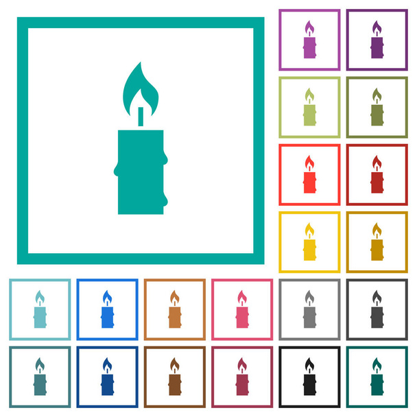 brennende Kerze mit schmelzendem Wachs flache Farbsymbole mit Quadrantenrahmen auf weißem Hintergrund - Vektor, Bild