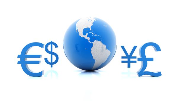 Símbolos de moeda movendo-se pelo planeta Terra. Ilustração digital
 - Foto, Imagem