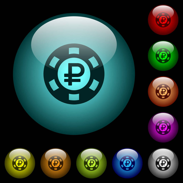 Rubel kaszinó chip ikonok-ban színes világító gömb alakú üveg gombok a fekete háttér. Lehet használni, hogy fekete vagy sötét sablonok - Vektor, kép