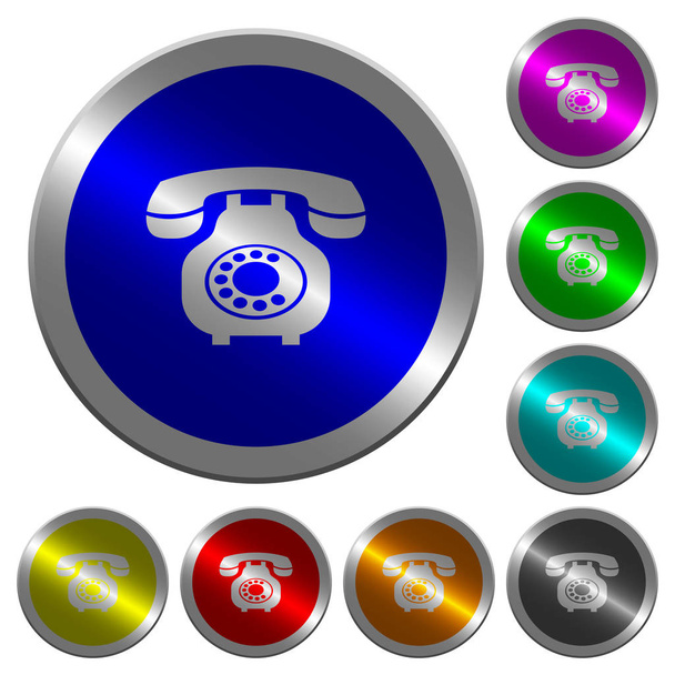 Vintage retro telephone icons on round luminous coin-like color steel buttons - Vektor, obrázek