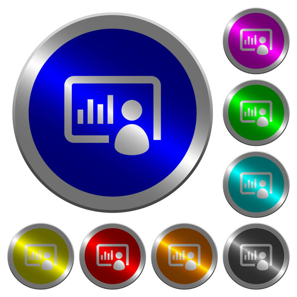 Presentation icons on round luminous coin-like color steel buttons - Vector, Image