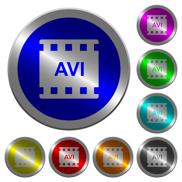 Icone formato film AVI su pulsanti rotondi luminosi in acciaio color moneta
 - Vettoriali, immagini