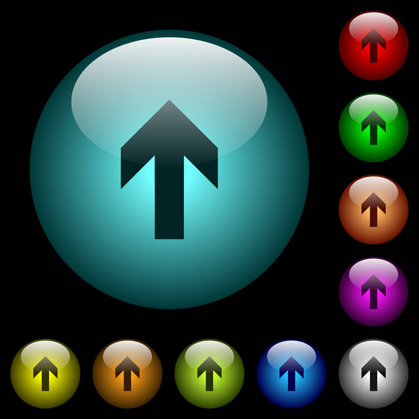 Up arrow icons in color illuminated spherical glass buttons on black background. Can be used to black or dark templates - ベクター画像