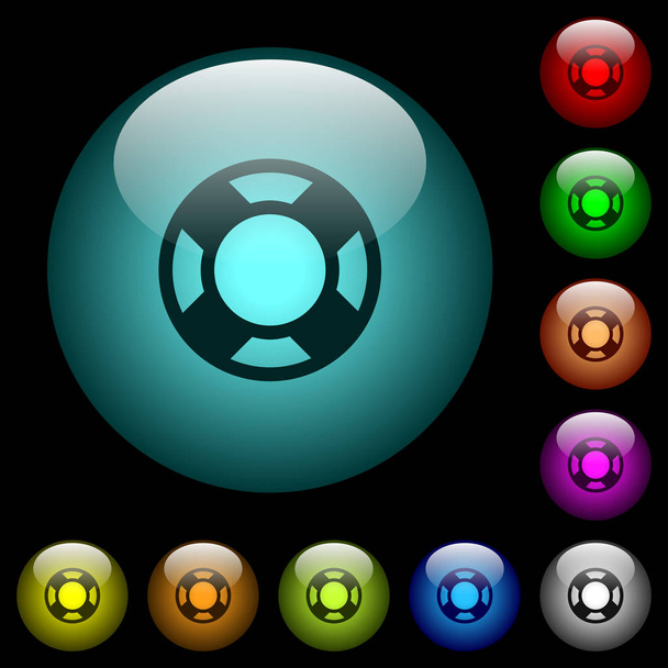Icone salvagente in pulsanti di vetro sferici illuminati a colori su sfondo nero. Può essere utilizzato per modelli neri o scuri
 - Vettoriali, immagini