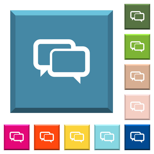 Burbujas de chat iconos blancos en botones cuadrados con bordes en varios colores de moda
 - Vector, imagen