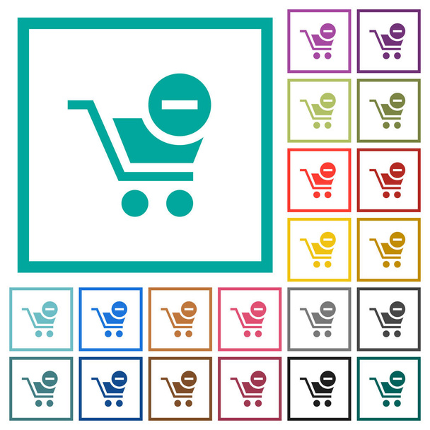 Artikel aus dem Warenkorb entfernen flache Farb-Symbole mit Quadrantenrahmen auf weißem Hintergrund - Vektor, Bild