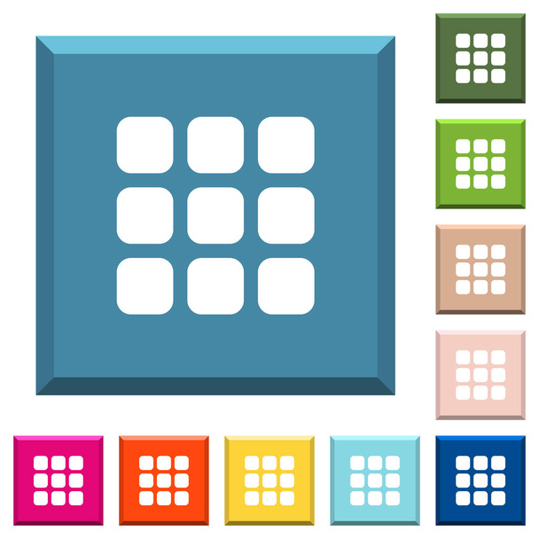 Режим перегляду малих мініатюр білі піктограми на обрізаних квадратних кнопках у різних модних кольорах
 - Вектор, зображення