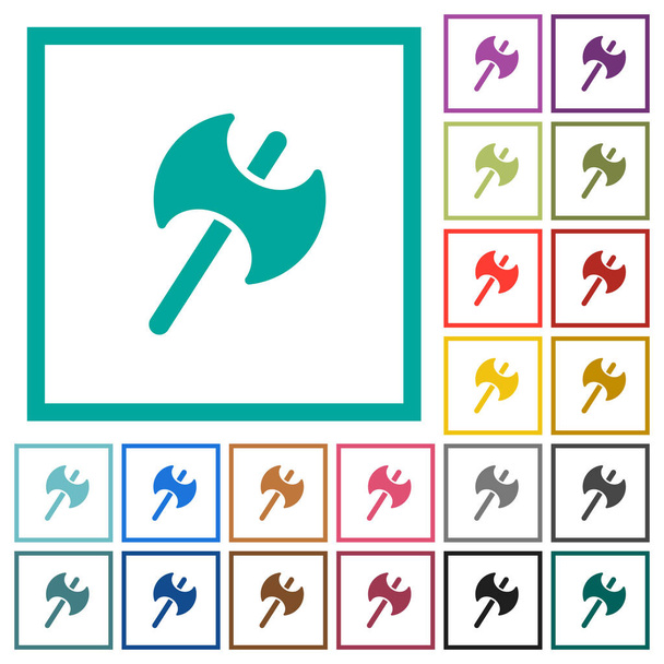 Twee hoofd battle axe egale kleur pictogrammen met Kwadrant frames op witte achtergrond - Vector, afbeelding