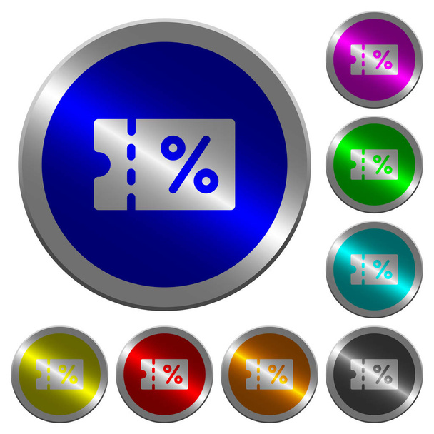 Coupon icons on round luminous coin-like color steel buttons - Vector, Image