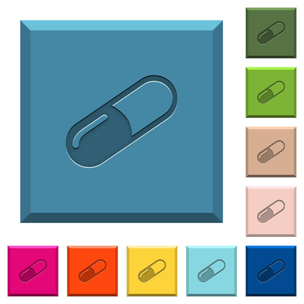 Píldora iconos grabados en botones cuadrados con bordes en varios colores de moda
 - Vector, Imagen