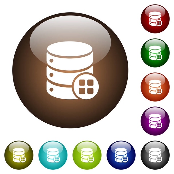 Módulos de base de datos iconos blancos en botones de vidrio de color redondo
 - Vector, imagen
