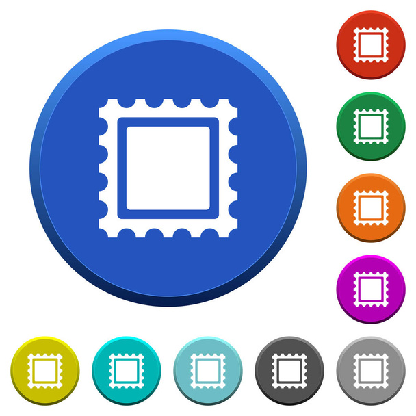 Штамп круглого цвета скошенные кнопки с гладкими поверхностями и плоскими белыми иконками
 - Вектор,изображение