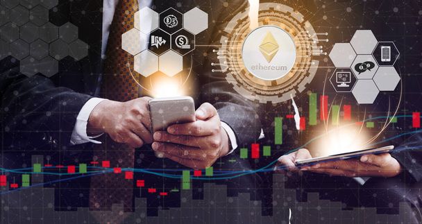 Ethereum and cryptocurrency investing concept - Businessman using mobile phone application to trade Ethereum ETH with another trader in modern graphic interface. Blockchain and financial technology. - Photo, Image