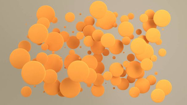 Orange discs of random size on white background. Abstract background with circles. Cloud of circles in front of wall. 3D rendering illustration - Foto, afbeelding