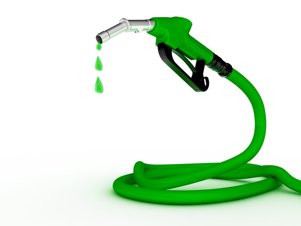 白い背景の上の緑の液滴と緑の燃料ノズル - 写真・画像