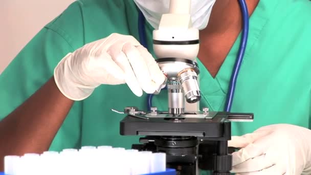 Professionnel médical regardant à travers un microscope
 - Séquence, vidéo
